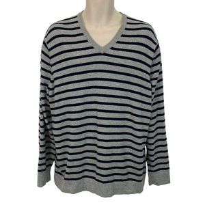 LL Bean Mens XL Gray Navy Striped V-Neck Sweater